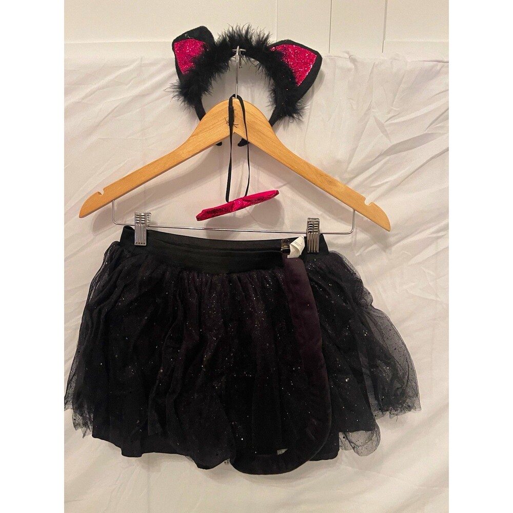 Girls Cat Costume Set Black/Pink Tutu Skirt Glitter Ears Tail Bow S/M